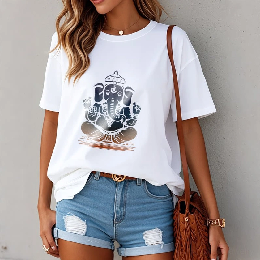 Meditating Ganesha t-shirt on model - casual Buddhist spiritual wear street style