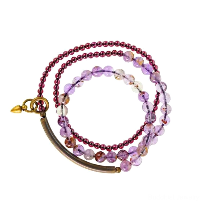 Authentic Buddhist gemstone bracelet combining amethyst for clarity and garnet for protection, perfect meditation and chakra healing tool