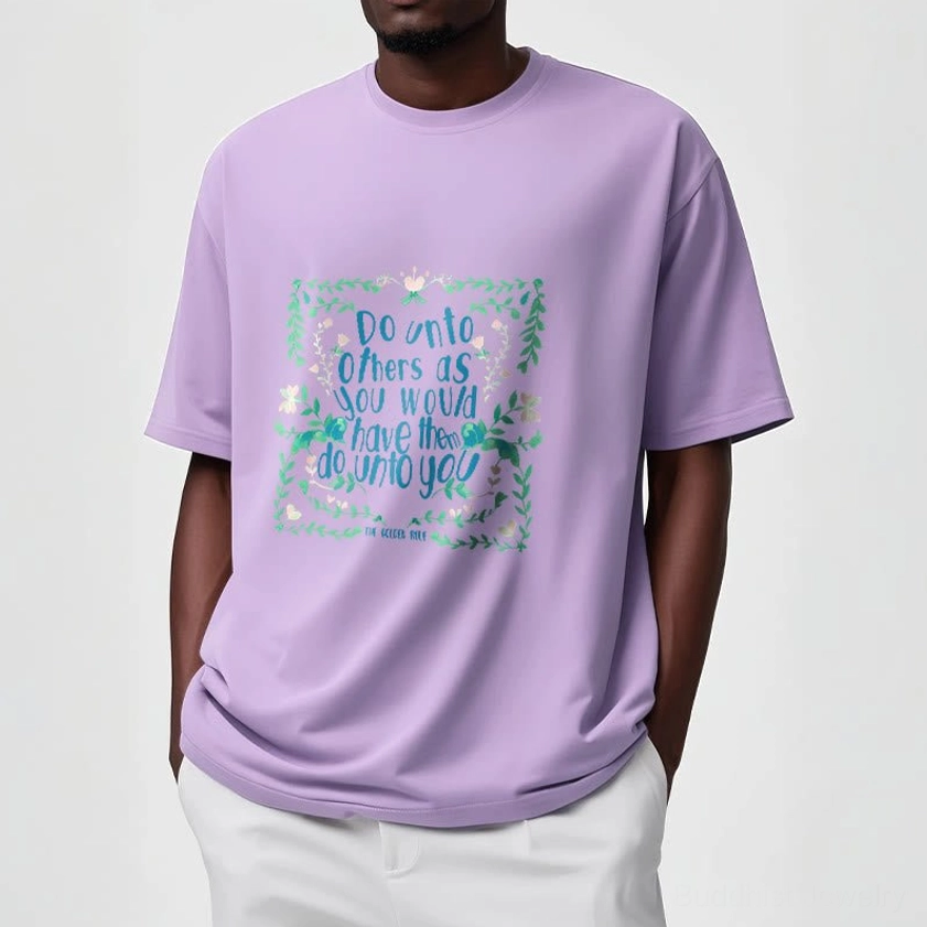 Man wearing Buddhist compassion t-shirt with golden rule spiritual graphic soft cotton fabric comfort
