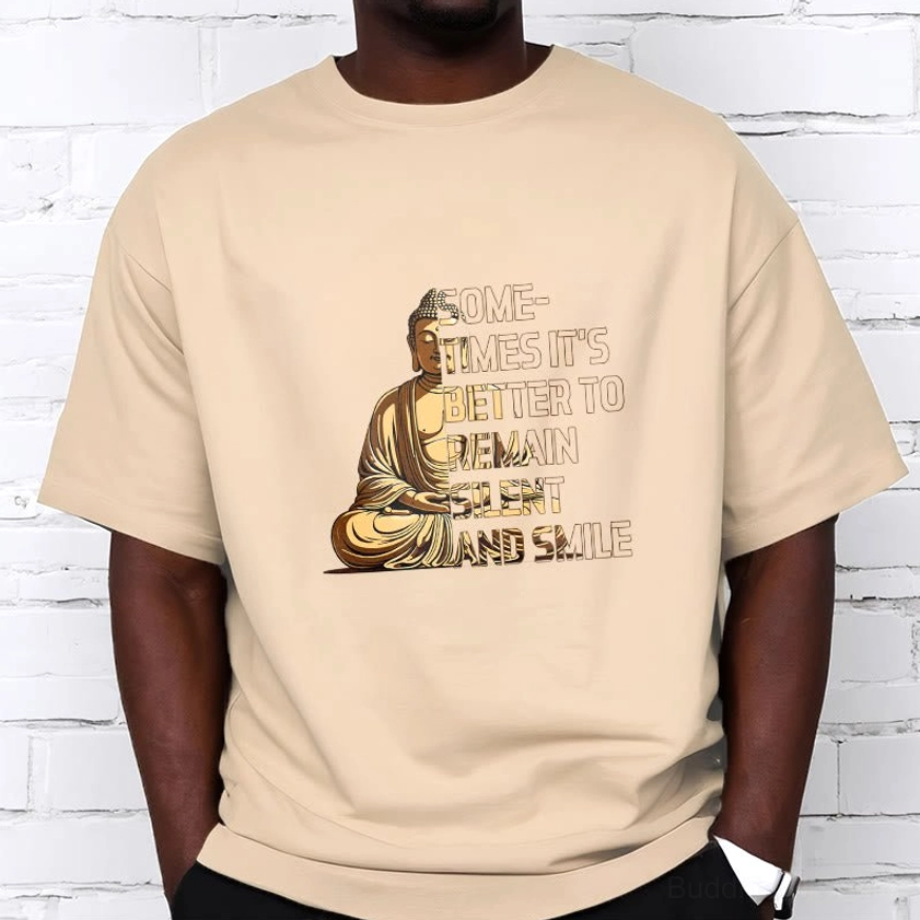 Male model styling khaki Buddhist spiritual T-shirt on white brick background, casual mindfulness wear half-body