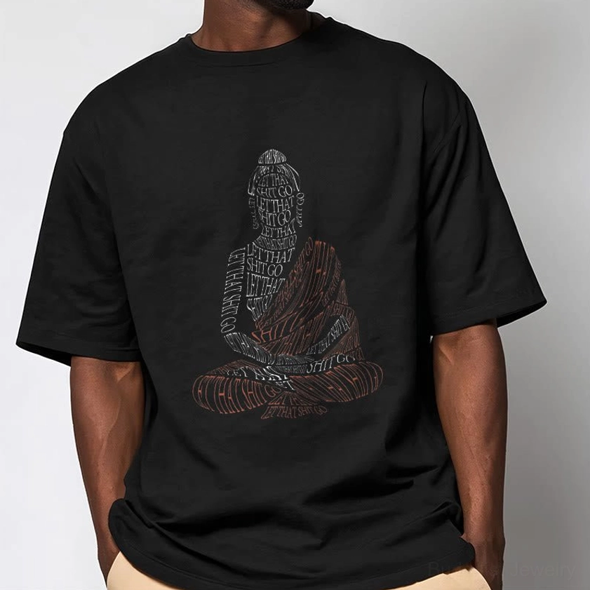 Male Model in Black Buddhist Graphic T-Shirt - Let Go Design, Casual Everyday Wear Indoor Setting
