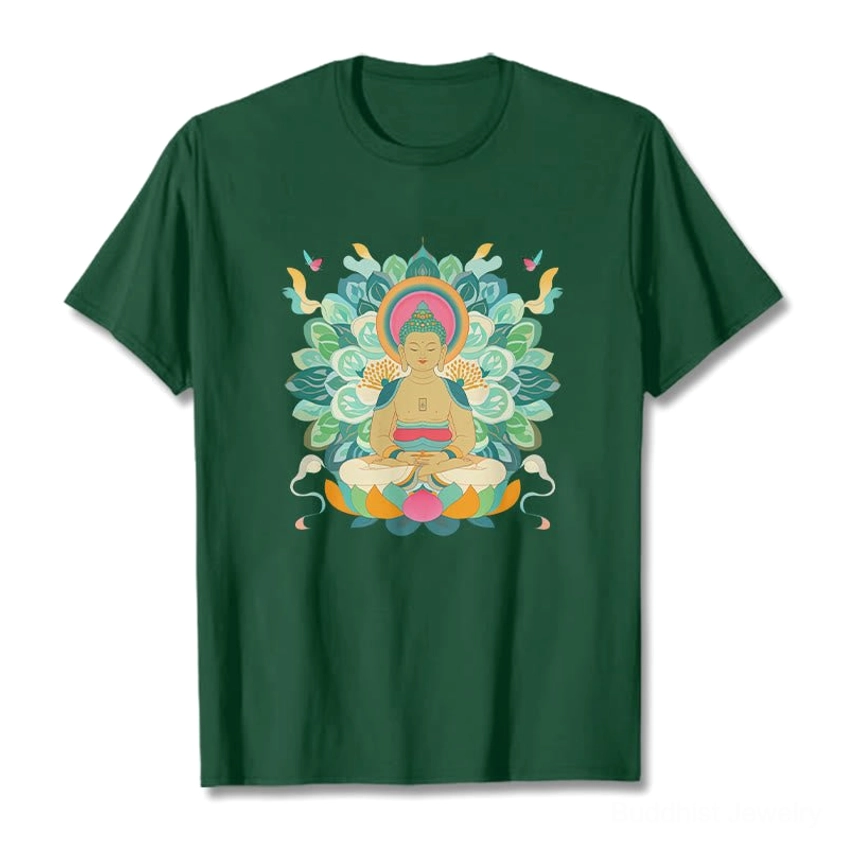 Buddhist butterfly lotus graphic t-shirt detail shot premium cotton mindfulness wearable design