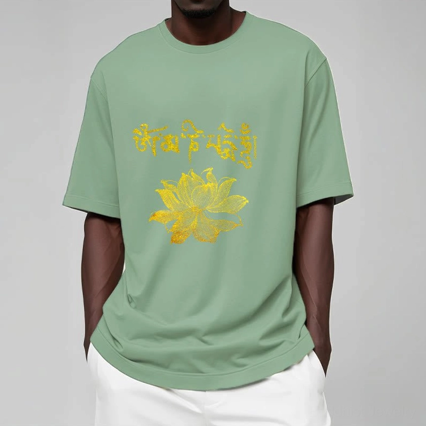 Model styling Buddhist spiritual t-shirt with layering options - golden lotus Sanskrit print outfit inspiration