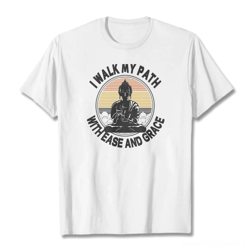 White cotton Buddhist spiritual t-shirt with ease and grace mantra graphic on plain background