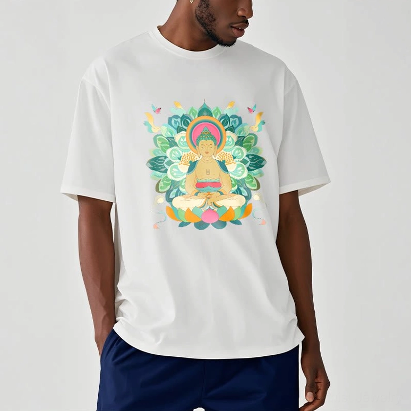 Male model wearing white Buddhist butterfly lotus graphic t-shirt studio portrait mindfulness tee
