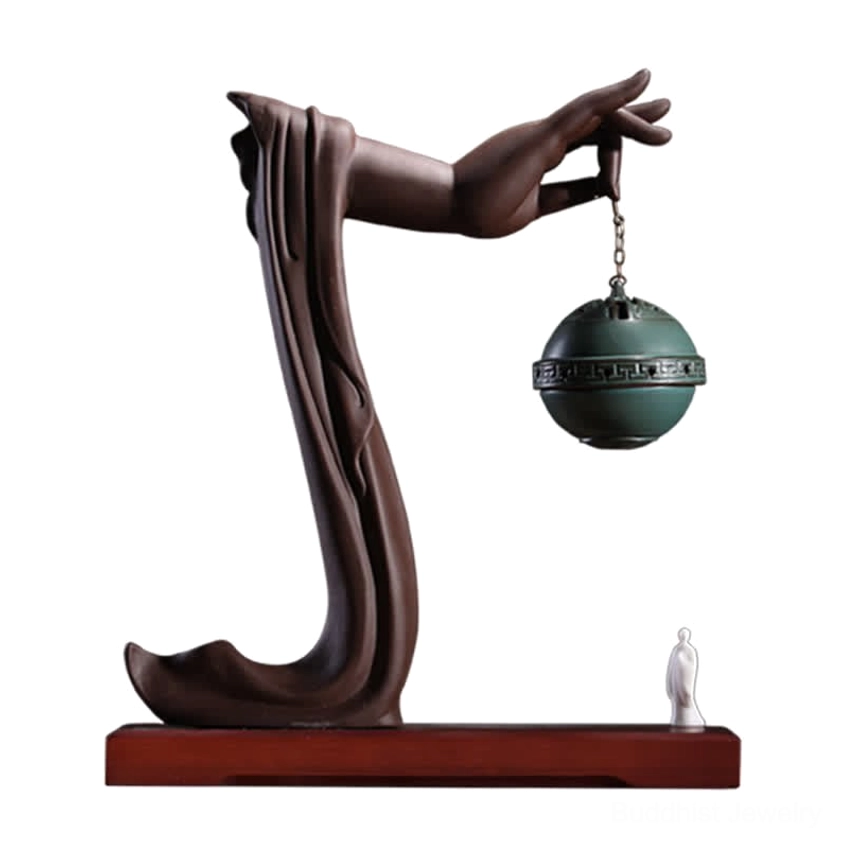 Buddhist hand mudra incense burner teal ceramic with zen statue side view