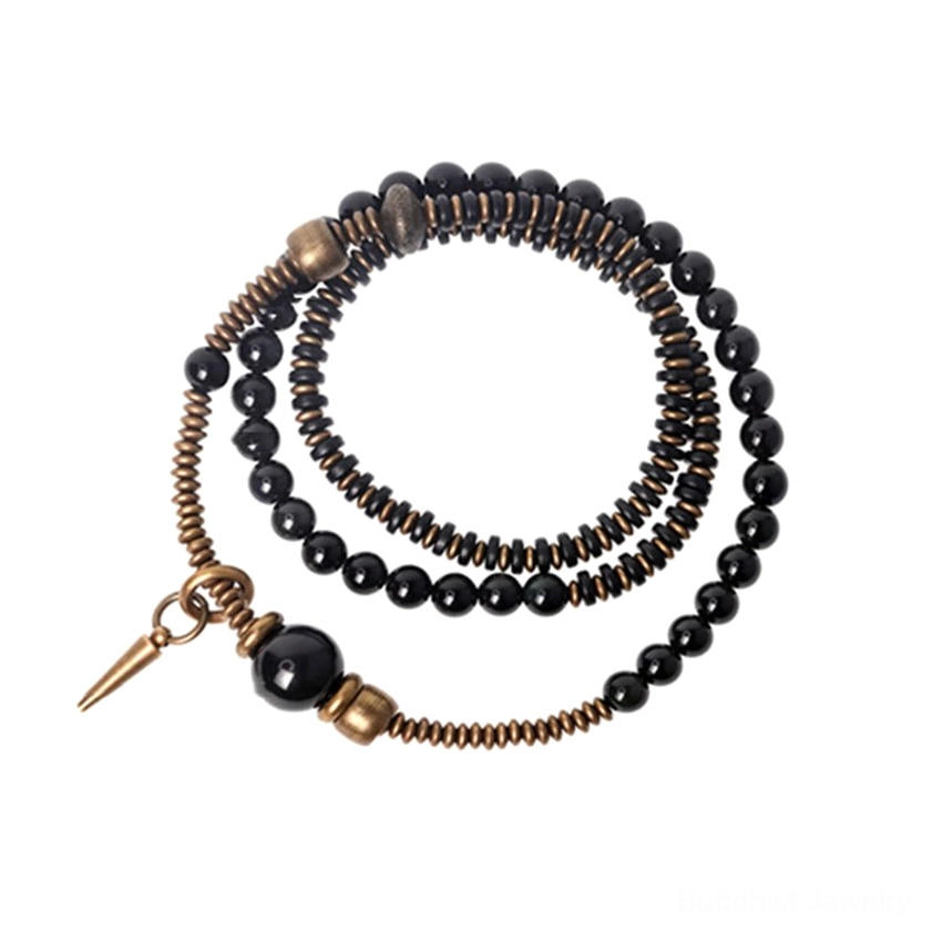 Rainbow obsidian Buddhist healing bracelet for protection and inner peace, featuring ebony wood and copper elements