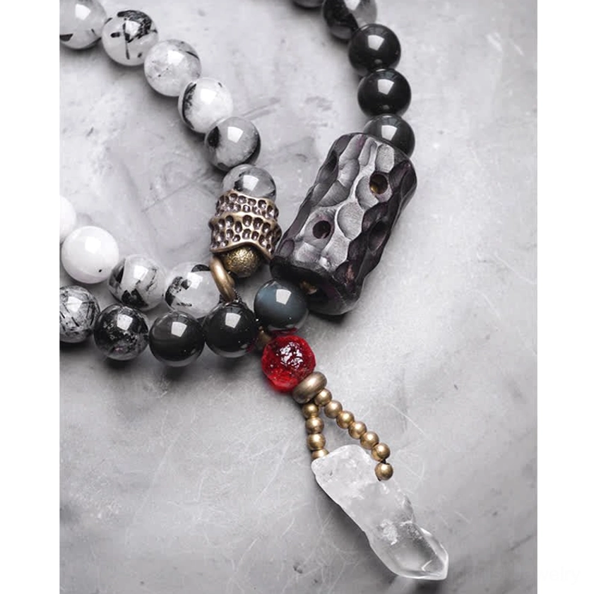 Buddhist healing crystal couple bracelet with rutilated quartz white stone meditation