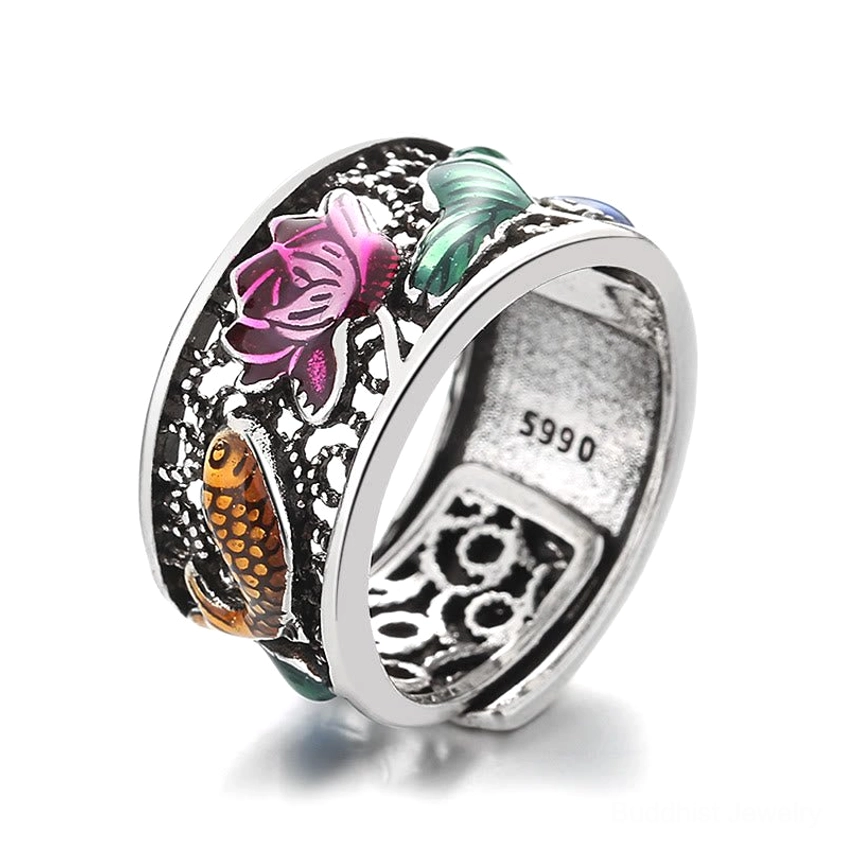 Buddhist Heart Sutra lotus koi fish copper ring featuring traditional engraved Chinese characters and hand-painted enamel symbolism