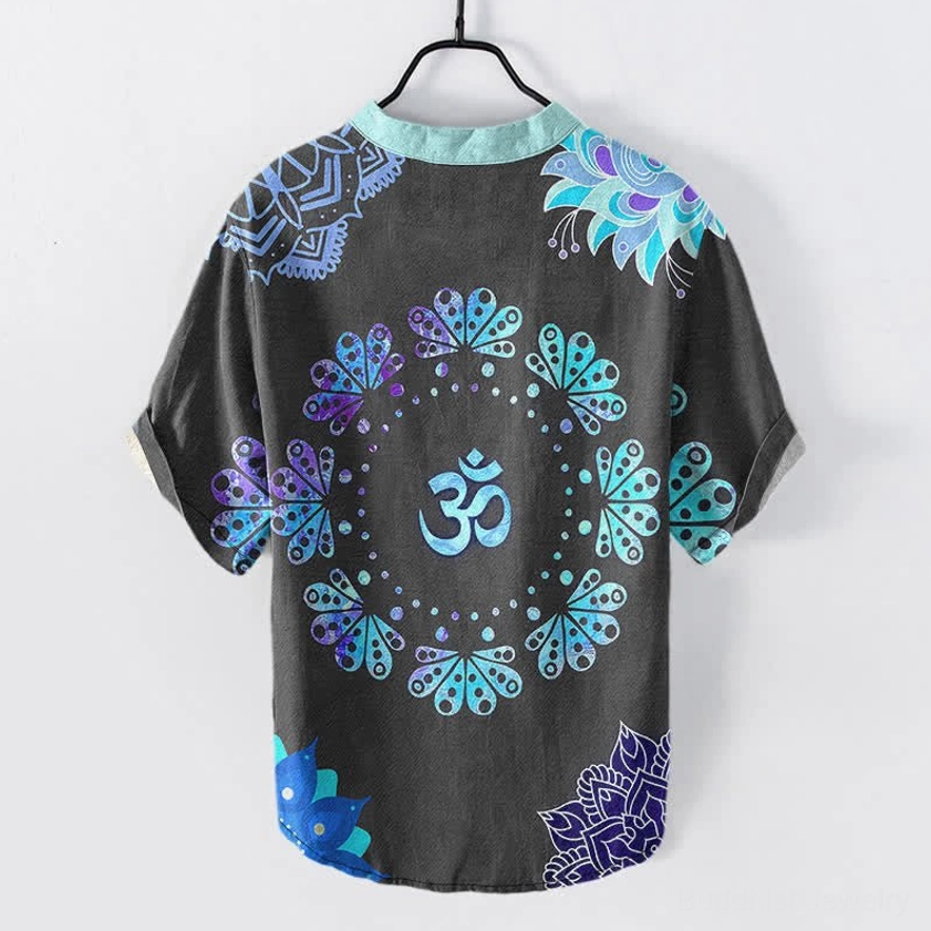 Buddhist Henley Shirt Back View Mint Collar Central Om Symbol Blue Purple Mandala Pattern