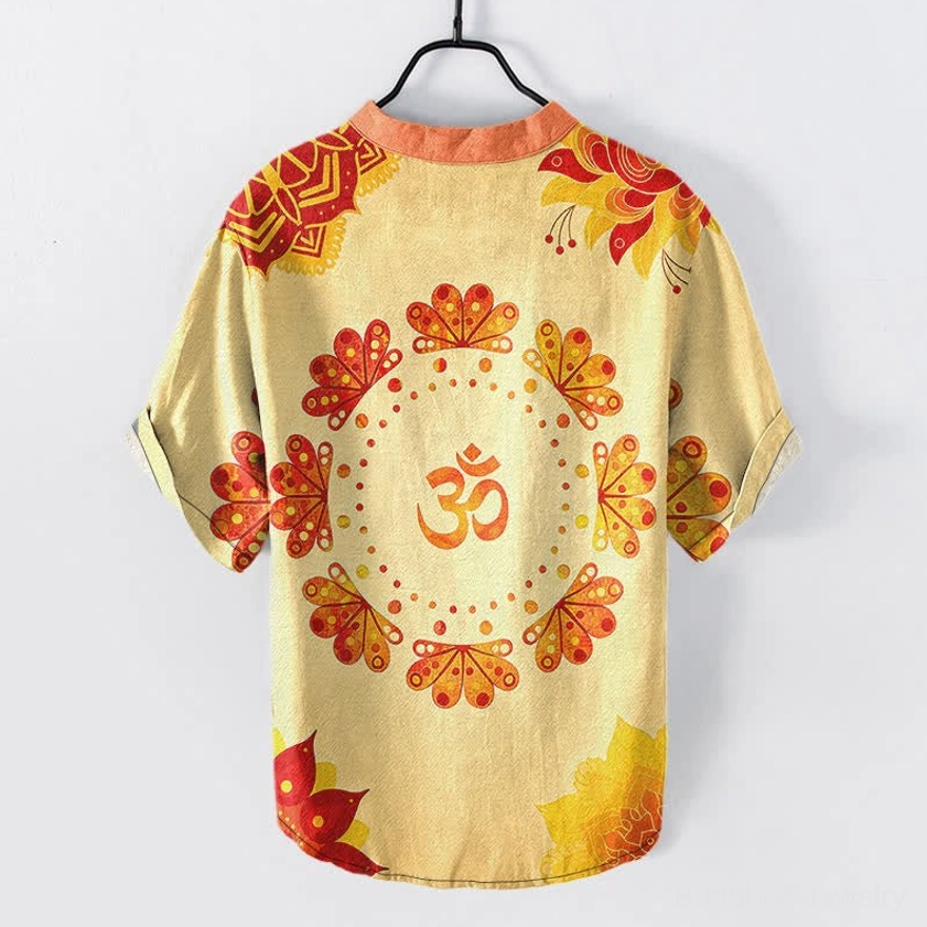 Buddhist Henley Shirt Warm Tone Back View Red Orange Mandala Om Symbol Design Cohesive Pattern