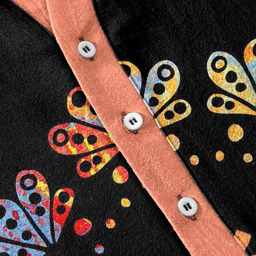 Half-Button Placket Detail Buddhist Henley Shirt White Buttons Orange Collar Peacock Mandala Pattern