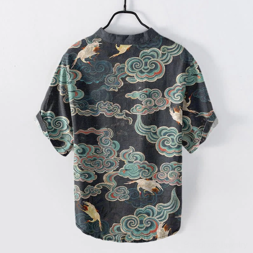 Buddhist cloud crane koi lotus cotton henley shirt back view black
