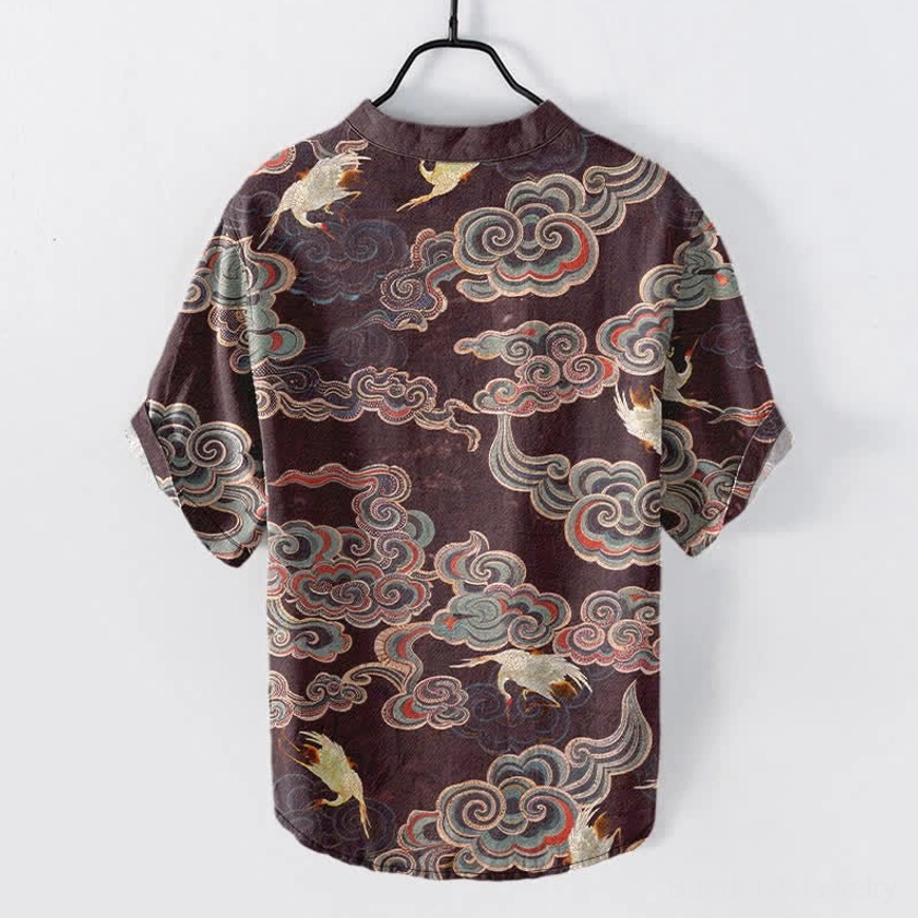 Buddhist cloud crane koi lotus cotton henley shirt back view warm sienna brown