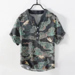 Buddhist cloud crane koi lotus cotton henley shirt front view black