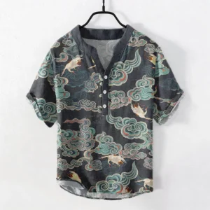 Buddhist cloud crane koi lotus cotton henley shirt front view black