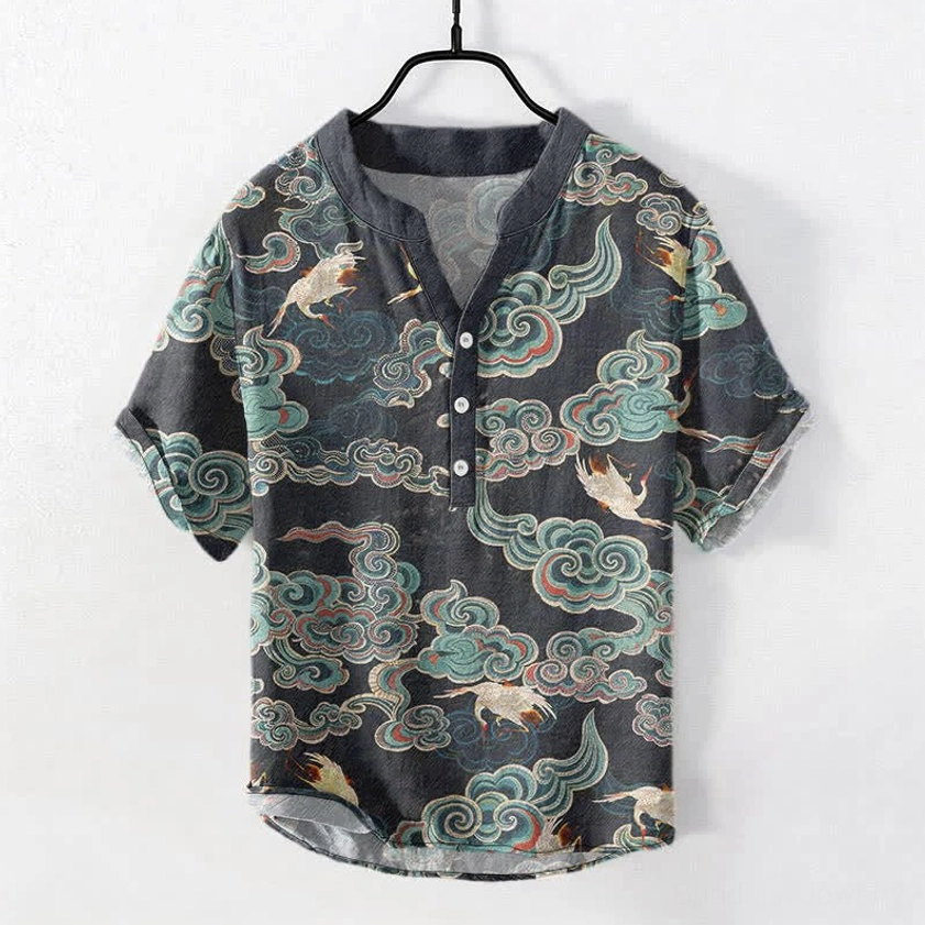 Buddhist cloud crane koi lotus cotton henley shirt front view black