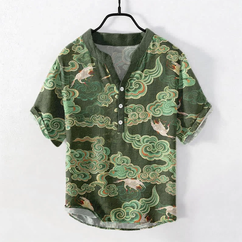 Buddhist cloud crane koi lotus cotton henley shirt front view dark olive green