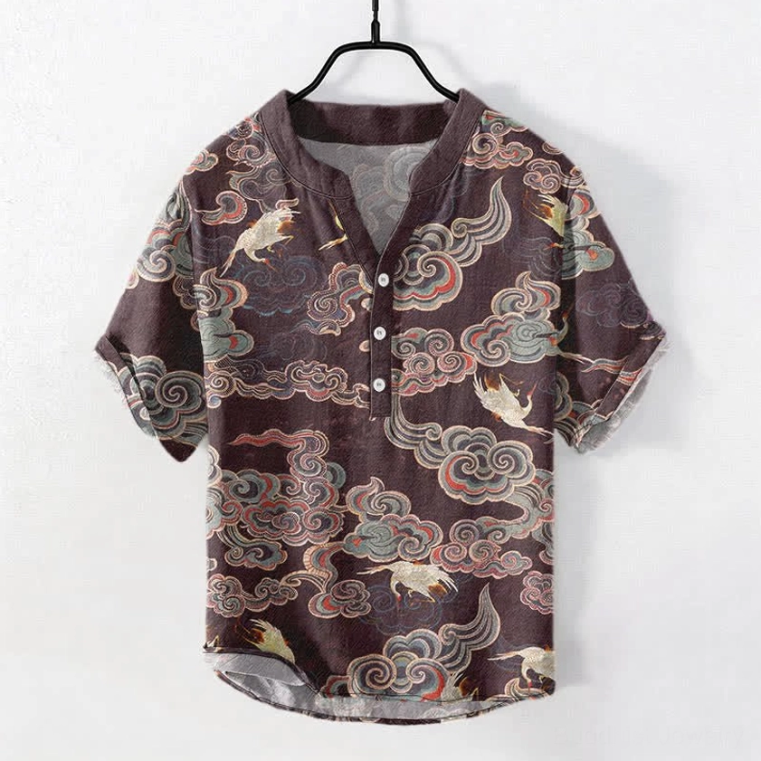 Buddhist cloud crane koi lotus cotton henley shirt front view warm sienna brown
