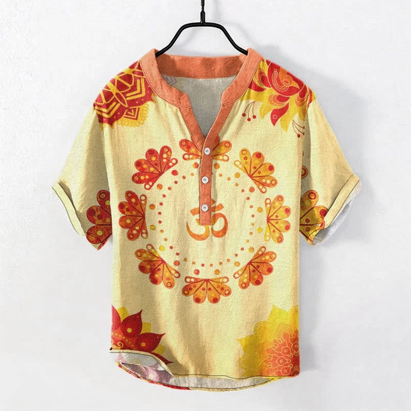 Men's Buddhist Henley Shirt Warm Tone Yellow Beige Orange Collar Peacock Mandala Om Print
