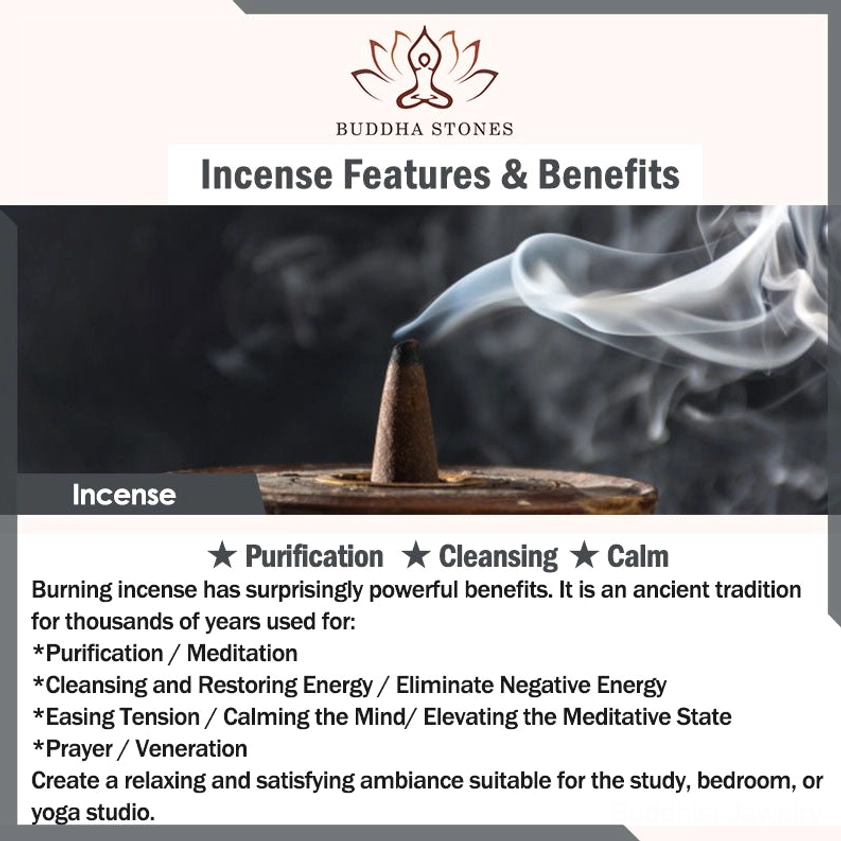 Buddhist incense benefits graphic display showing purification meditation calming cleansing effects for home yoga