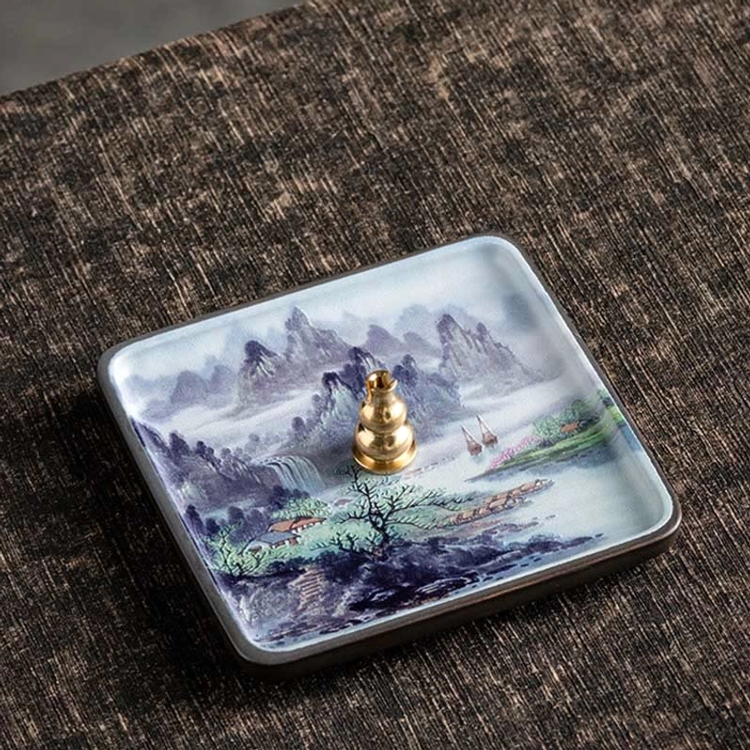 Square ceramic incense holder with spiritual design elements perfect for altar setup and home shrine decoration