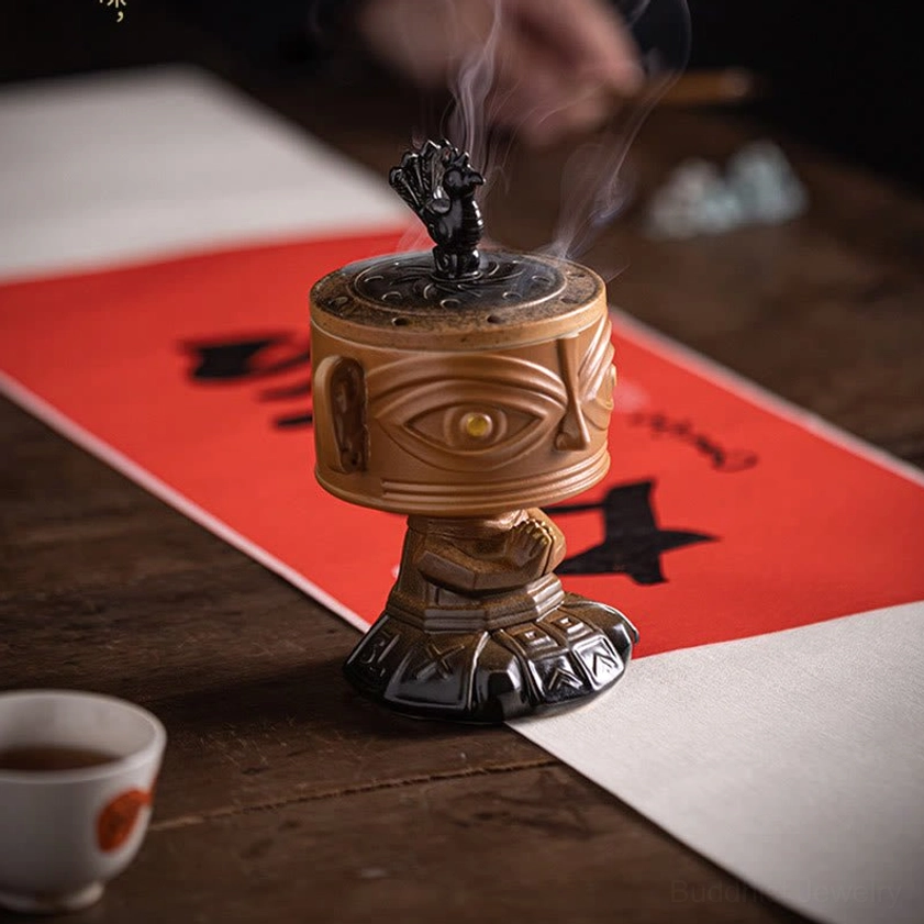 Buddhist ceramic incense holder alternative angle view, demonstrating architectural carved design elements