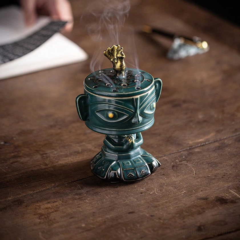 Buddhist ceramic incense burner comparison view with multiple angle perspectives and color variations