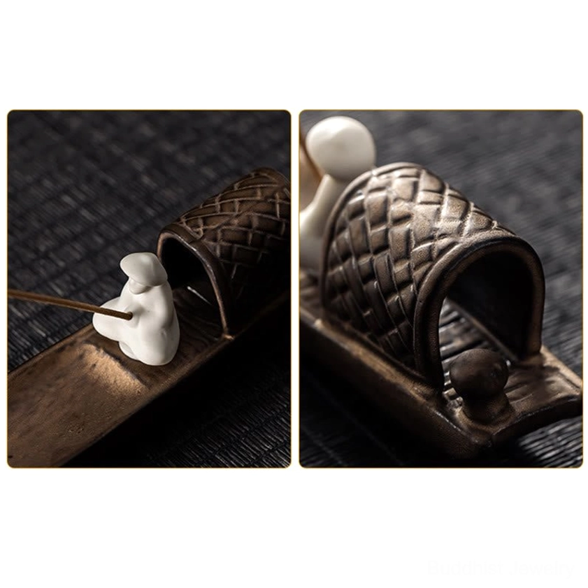 Detailed close-ups of Buddhist incense burner showing white figurine incense holder and woven ceramic cabin craftsmanship