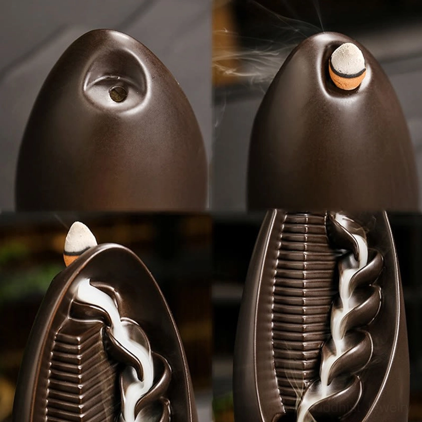 Multiple Buddhist ceramic backflow incense burner designs - flat lay display showing Pagoda, Mountains Water, and Oval styles with visible smoke effects