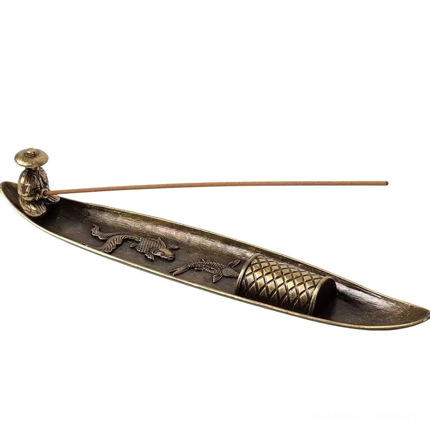 Buddhist incense burner displaying traditional boat and fisherman design in antique bronze metal finish