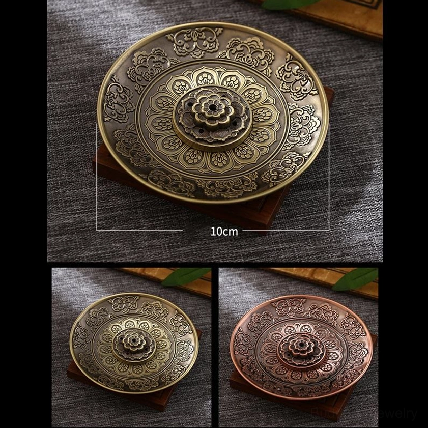 Buddhist incense holder product display showing two color variants bronze and red copper, top-down overhead view with size reference