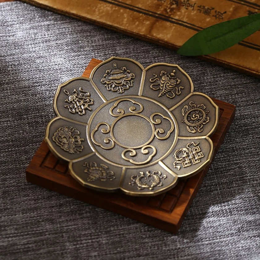 Eight auspicious symbols Buddhist incense burner in red copper finish with carved sacred Buddhist emblems