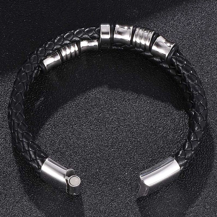 Buddhist inspired leather weave bracelet combining titanium steel and natural leather materials
