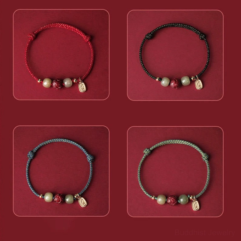 Multiple color options of Buddhist braided string bracelets with jade lotus pendant, choose red, black, blue, or cyan for personal spiritual practice