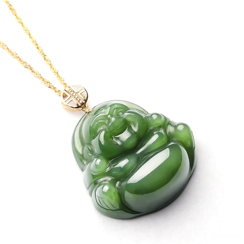 Buddhist jade necklace detail showing 18K gold inlay, longevity clasp, and hand-carved Buddha craftsmanship
