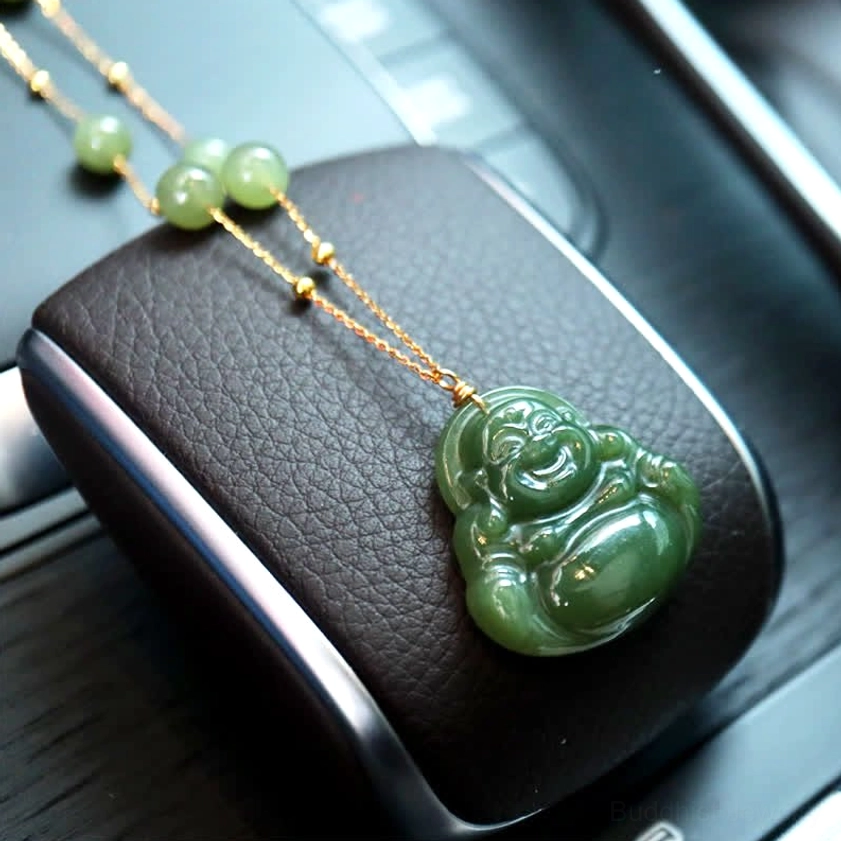 Hetian jade Buddhist pendant necklace side view featuring polished jade Buddha charm and layered gold bead chain