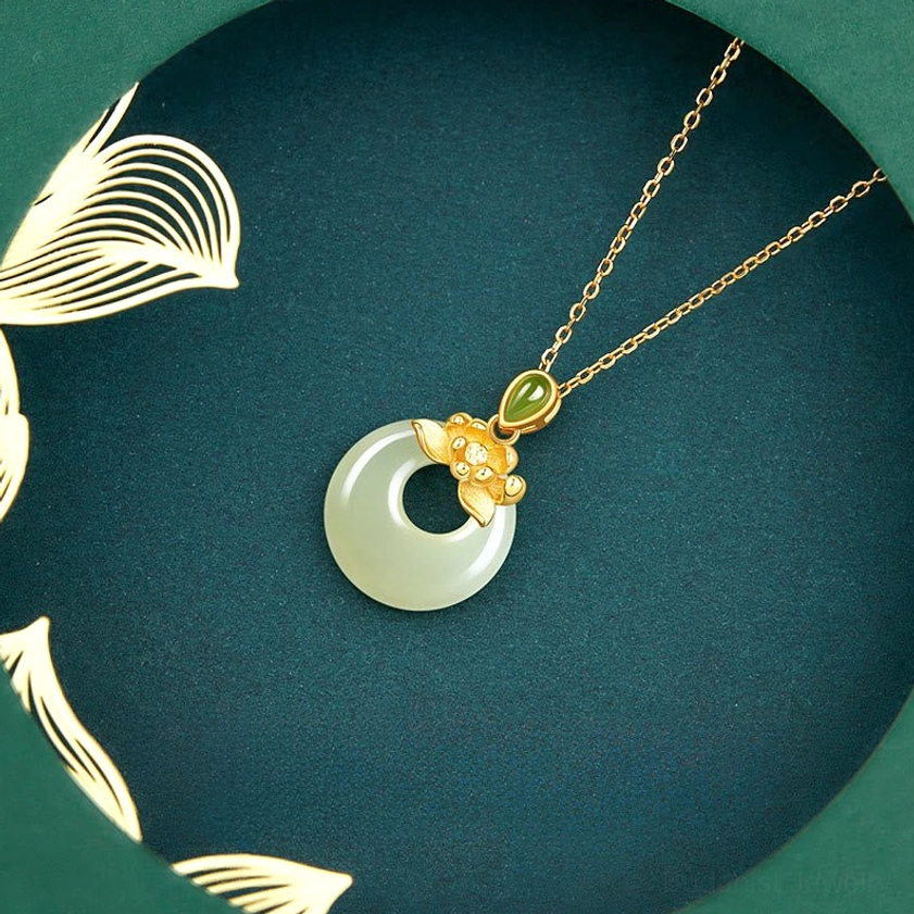 Buddhist jade peace buckle necklace with gold-plated chain, side top view detail
