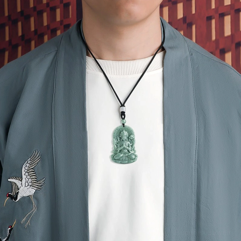 Avalokitesvara jade pendant necklace layered styling with decorative beads