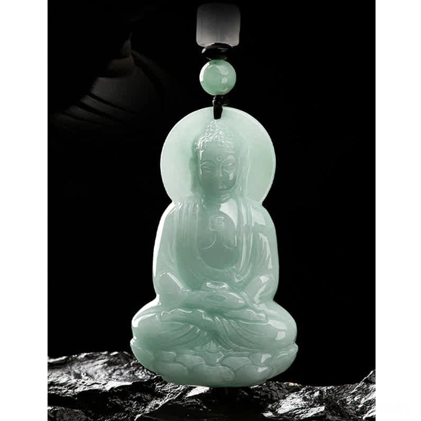 Buddhist jade pendant necklace Amitabha Buddha carving, natural stone amulet for spiritual growth