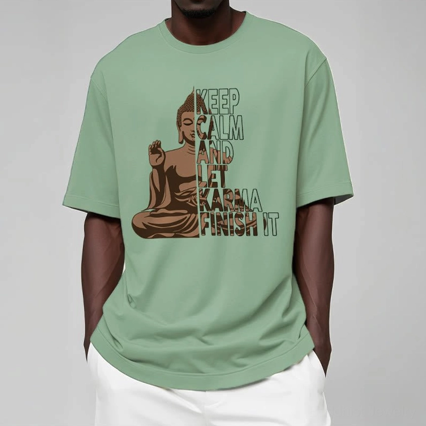 Buddhist karma tee cotton material detail showing fabric quality and print