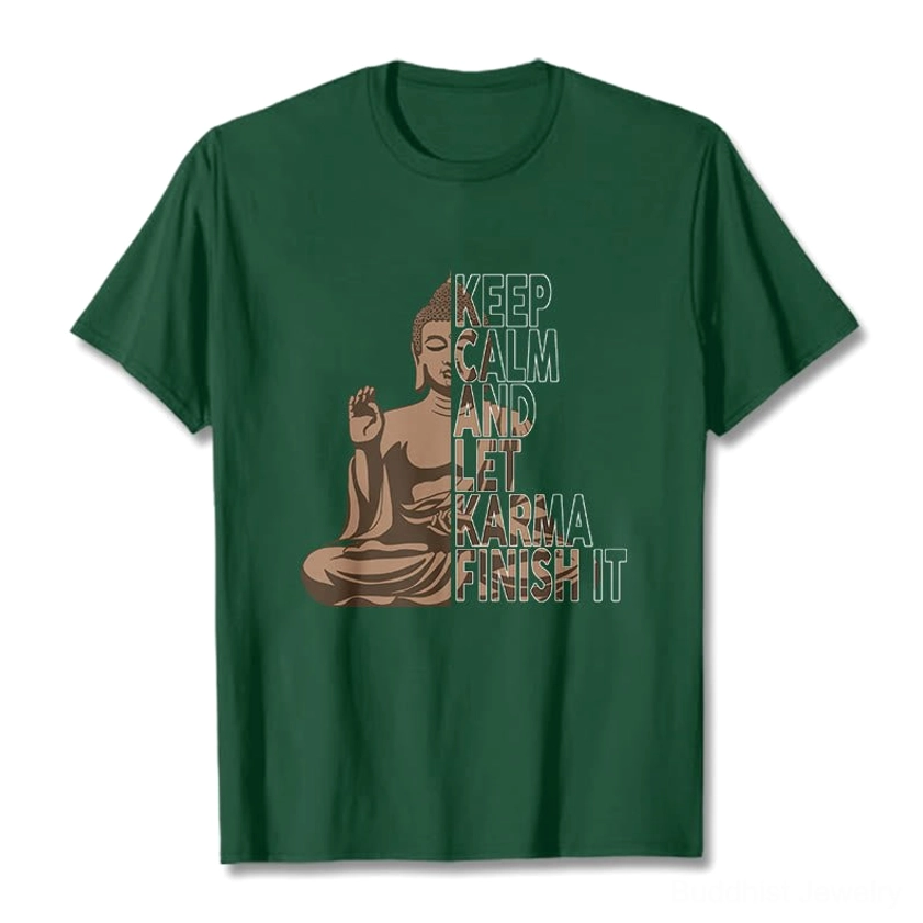 Buddhist karma graphic tee detail shot showing spiritual print quality and design