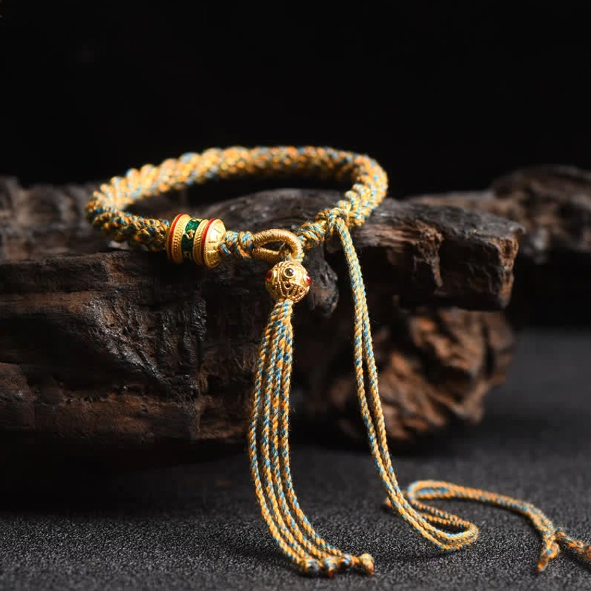 Khaki Buddhist prayer wheel lucky string bracelet with woven rope, metal charms and adjustable fit