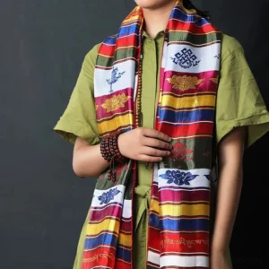 Multicolored Buddhist Khata scarf featuring endless knot and golden lotus embroidery with vibrant striped design, displayed front view