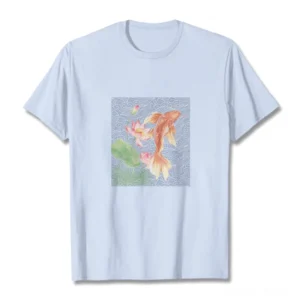Light blue Buddhist koi fish and lotus flower cotton t-shirt with white ink spiritual print, flat lay front view