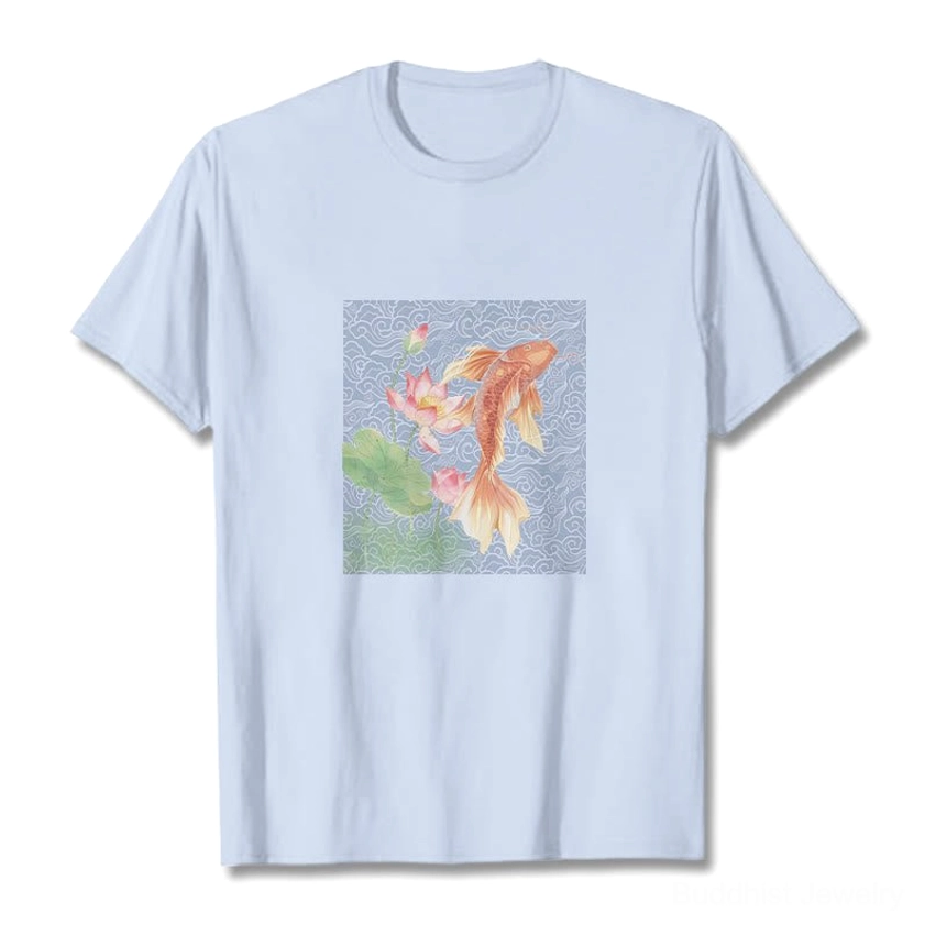 Light blue Buddhist koi fish and lotus flower cotton t-shirt with white ink spiritual print, flat lay front view