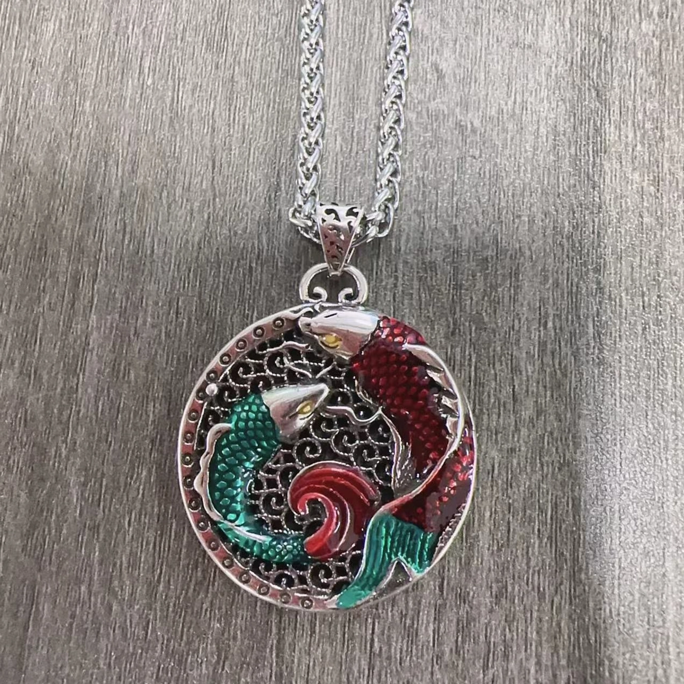 Copper koi fish pendant necklace with thick silver keel chain and clear double koi enamel design