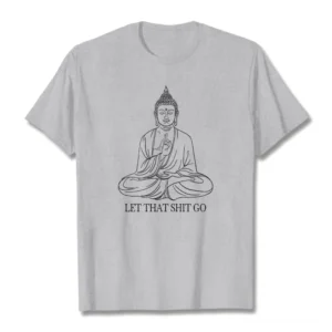 Buddhist let that shit go graphic tee flat lay front view heather grey cotton
