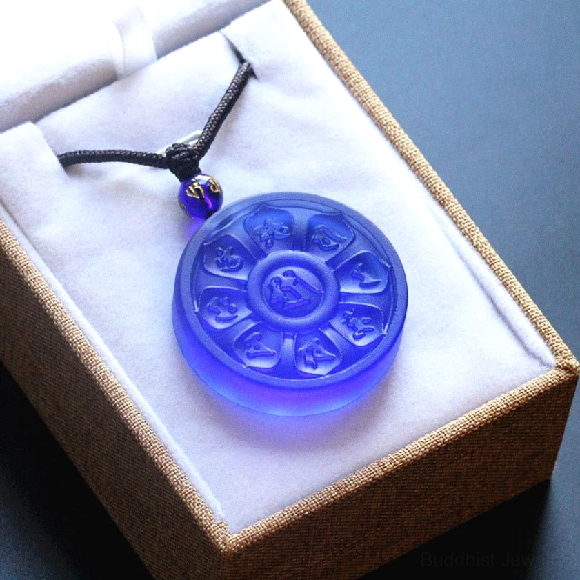 Blue Liuli Manjusri necklace presented in luxury gift box with white velvet lining and metal beads