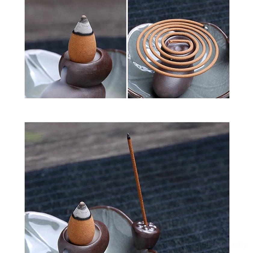 Handcrafted Buddhist lotus ceramic incense burner with backflow effect in neutral home setting